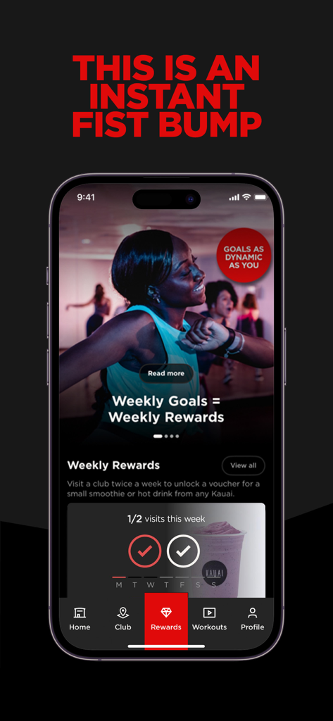 Ecrã da app Virgin Active SA exibindo metas de fitness semanais e progresso de recompensas