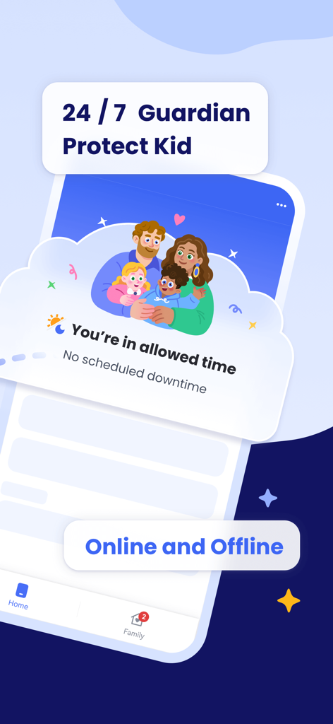 AirDroid Kids - Screen Time - Interfaz de la aplicación AirDroid Kids que muestra protección de guardián 24/7 y gestión del tiempo de pantalla para niños