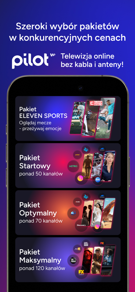 Aplicación móvil Pilot WP mostrando varios planes de suscripción de TV polaca, incluidos paquetes de Eleven Sports y películas