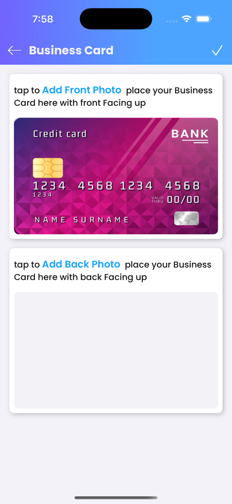 Oberfläche zum Hinzufügen von Vorder- und Rückseitenfotos einer Karte zur mobilen Wallet-App