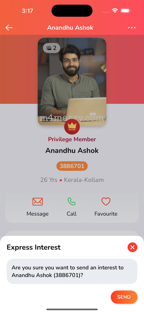 A user profile on the M4marry matrimony app showing an express interest confirmation popup.