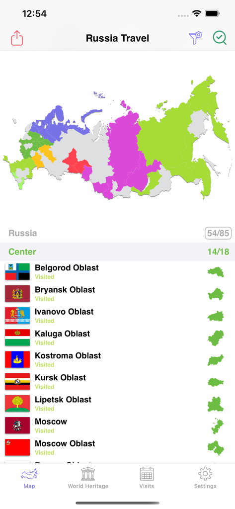 A travel app screen showing a colorful map of Russia with a list of visited oblasts and regions