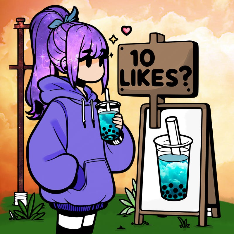 girl with oversized hoodie drinking boba and she has a high ponytail with a sign that says 10likes?
