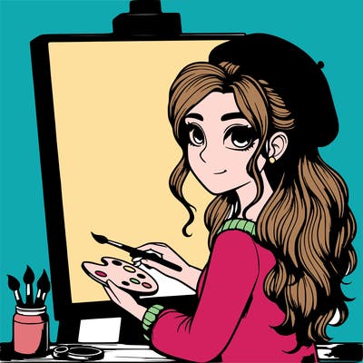 realistic girl artist painting a blank canvas