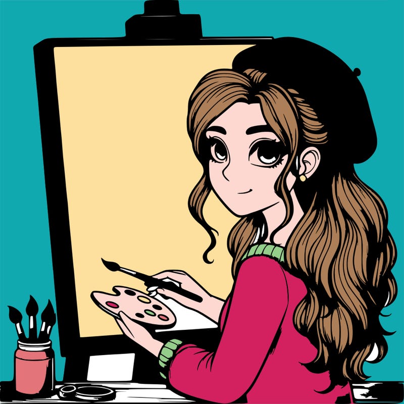 realistic girl artist painting a blank canvas