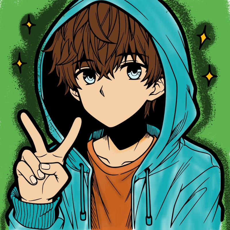 teenage manga boy in a hoodie, doing ✌
