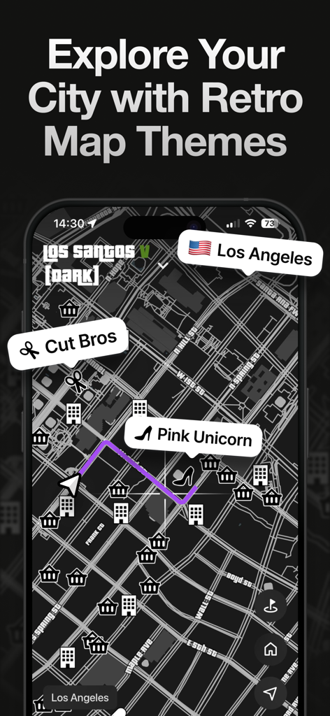 Game Maps IRL app screen showing a retro video game style map of Los Angeles with custom navigation icons