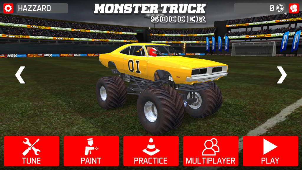 Monster Truck Soccer - Main menu of Monster Truck Soccer showing a yellow monster truck in a stadium with play and customization buttons