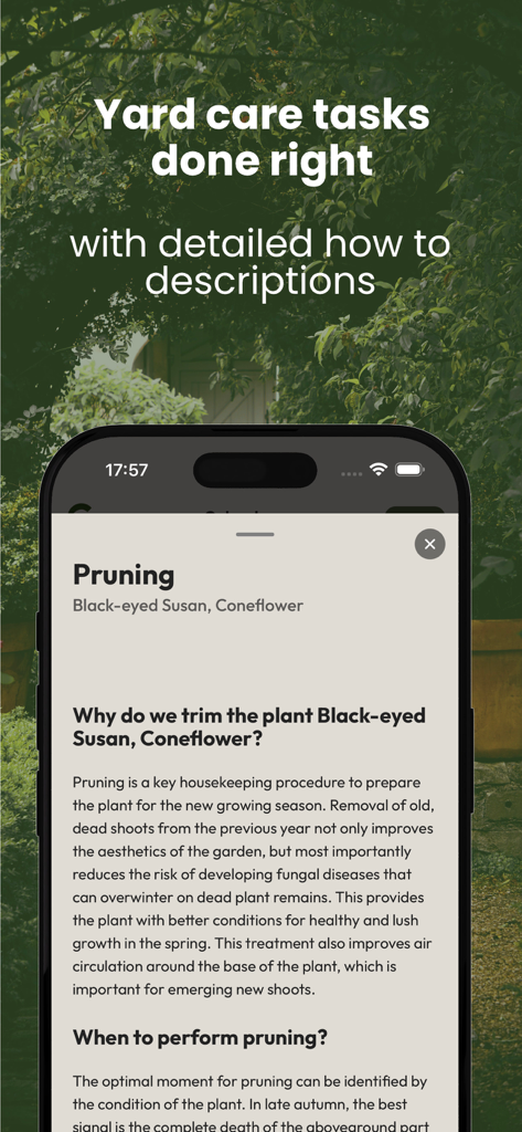 Detailed pruning instructions and yard care task descriptions in the GROWeR gardening app.