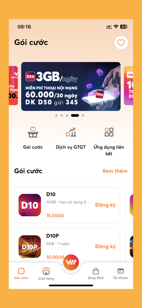 Vietnamobile - Interface of the Vietnamobile app displaying mobile data packages and service plans