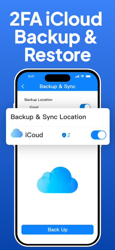 Authenticator App: 2FA, MFA - Interface do aplicativo Autenticador mostrando opções de backup e restauração do iCloud para segurança 2FA