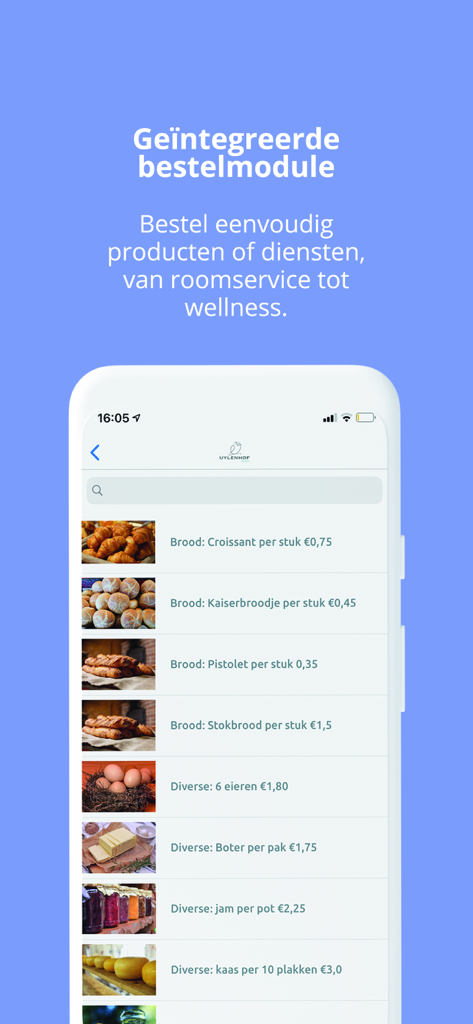Tela do aplicativo Great Stay exibindo um módulo de pedidos integrado para itens de café da manhã e serviço de quarto