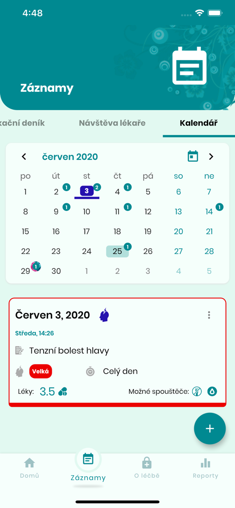 Migréna Kompas (CZ) - Mobile app interface showing a migraine calendar with a detailed daily log of headache severity and triggers
