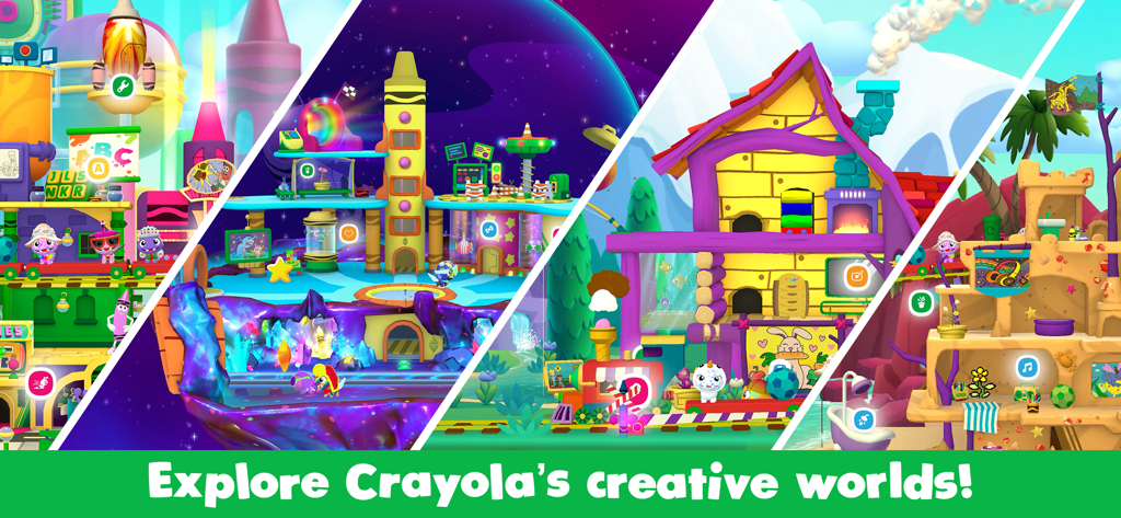 A collage showcasing various colorful and creative game worlds within the Crayola Create and Play app