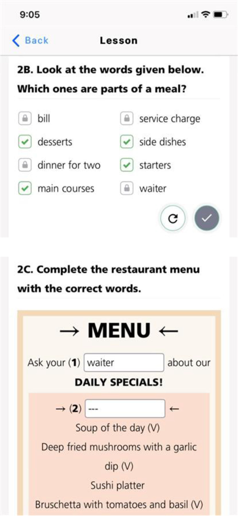 Screenshot of an interactive restaurant vocabulary lesson within the Pearson English Connect app featuring multiple choice and fill in the blank exercises