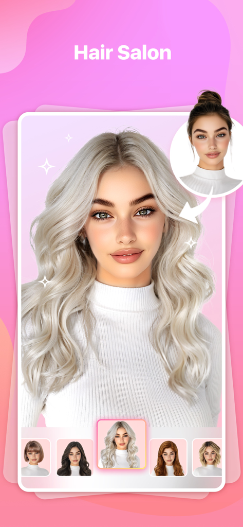The hair salon feature of Ms Yvonne app showing a blonde hairstyle preview on a woman