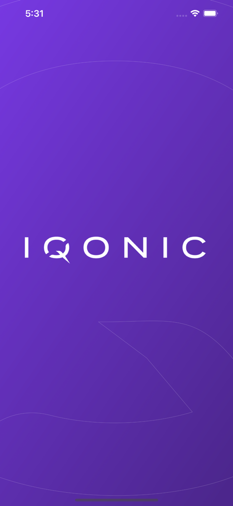 IQ Social app splash screen featuring the IQONIC logo on a purple background