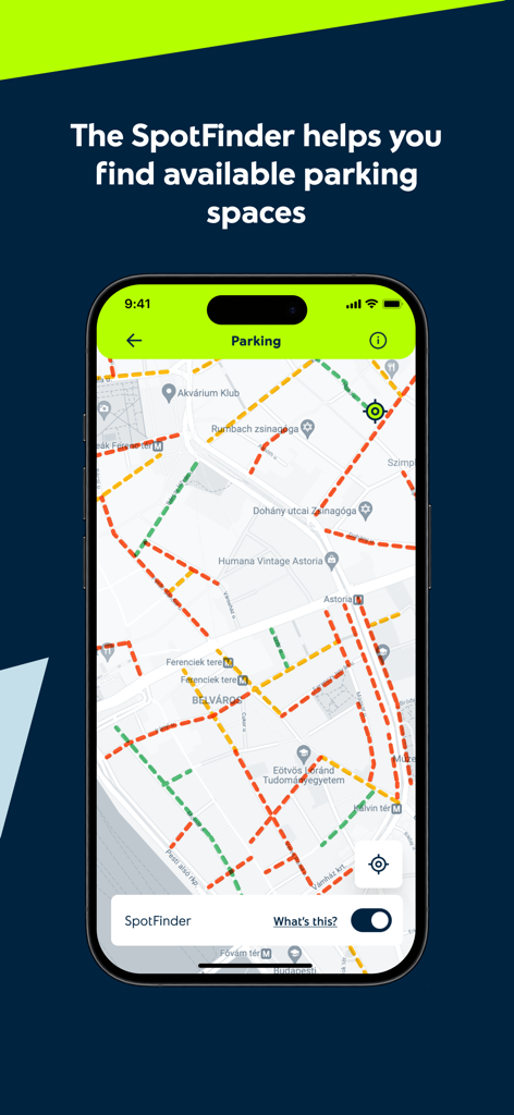 Yettel HU - 都市地図上の空き駐車場を見つけるためのSpotFinder機能を示すYettel HUアプリインターフェイス