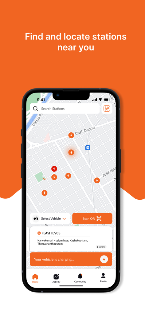 Flash EV Charge - Flash EV Charge app interface displaying a map with charging station locations and a charging status notification