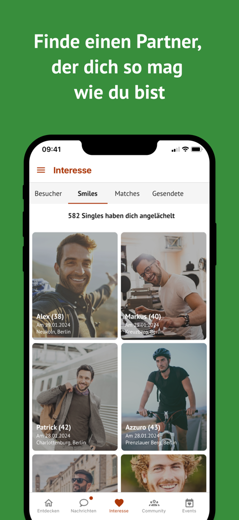 L'application de rencontre Funkenflug montrant une liste de célibataires ayant envoyé des sourires et exprimé leur intérêt