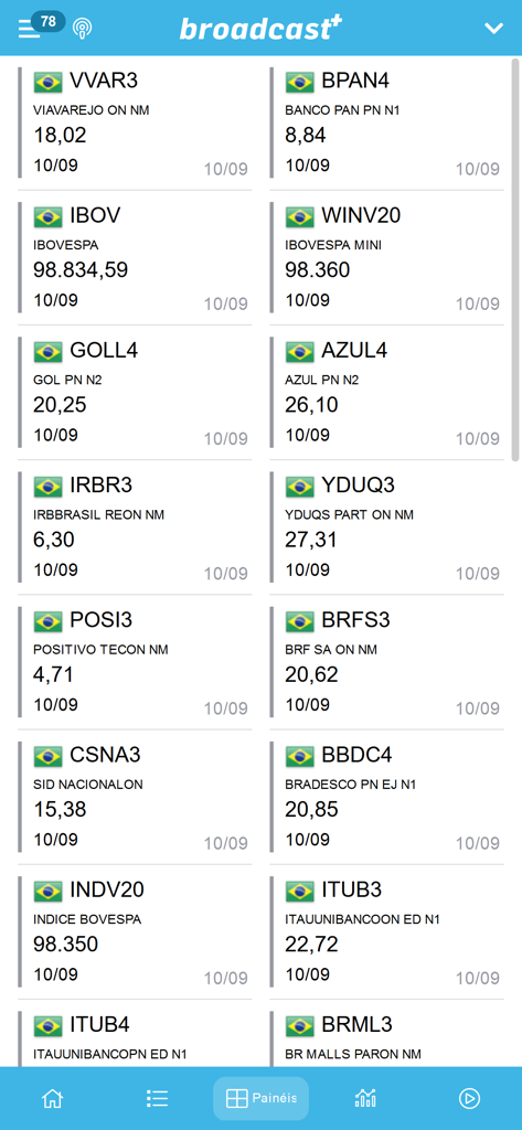 Broadcast+ - Dashboard dell'app Broadcast+ che mostra quotazioni e ticker del mercato azionario brasiliano in tempo reale.