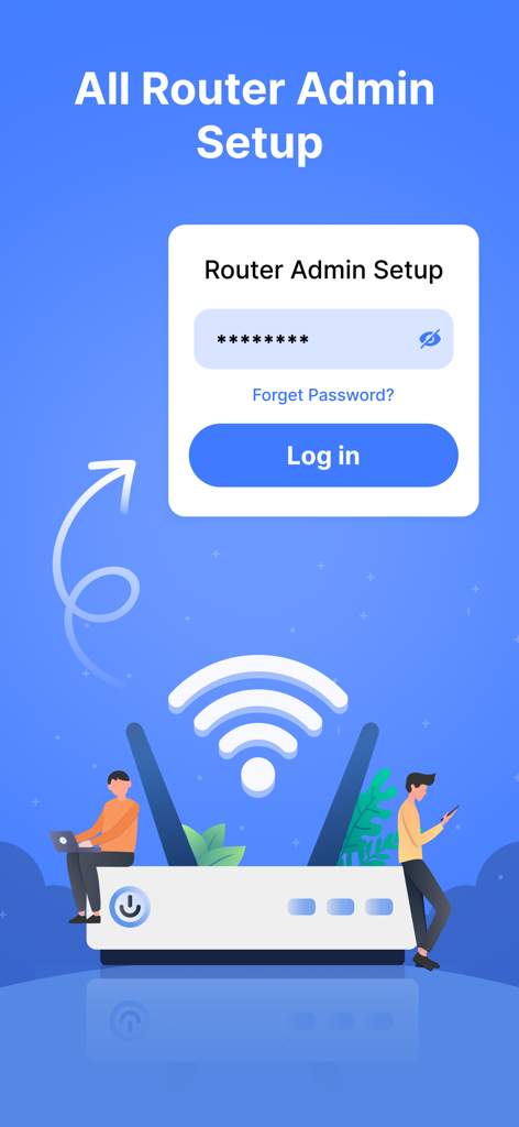 Interfaccia di login di configurazione admin del router con illustrazione del router e utenti tech