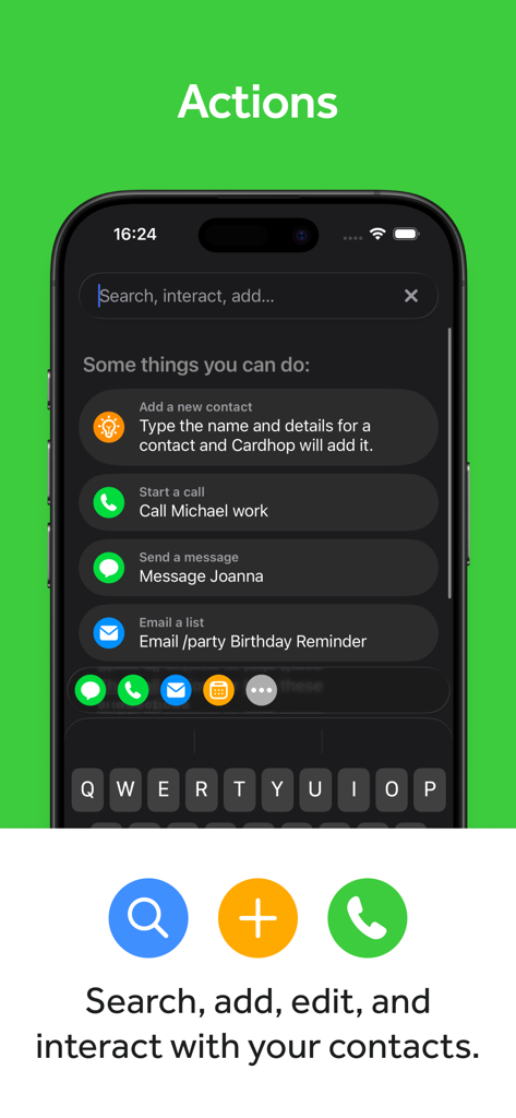 Cardhop Contacts mobile app interface highlighting quick search and communication actions