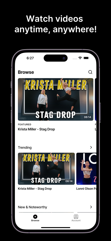 The Space TV: Dance Classes! - Interface of The Space TV app showing dance tutorials by Krista Miller including a Stag Drop class