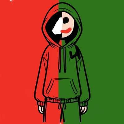 faceless girl in a tracksuit with a hood on and no hair