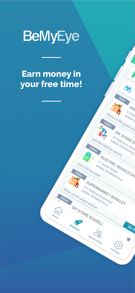 BeMyEye - Earn money - Schermata dell'app BeMyEye che mostra un elenco di missioni nelle vicinanze per guadagnare denaro