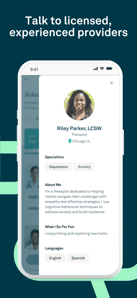 A therapist profile in the First Stop Health app showing specialties like depression and anxiety.