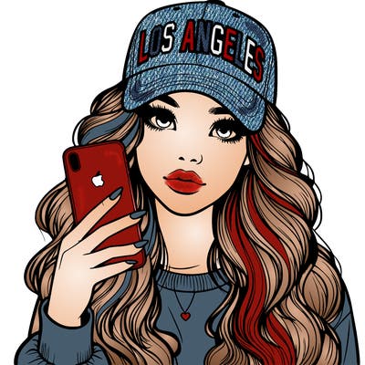 realistic beautiful girl wearing los ángeles cap holding an iphone