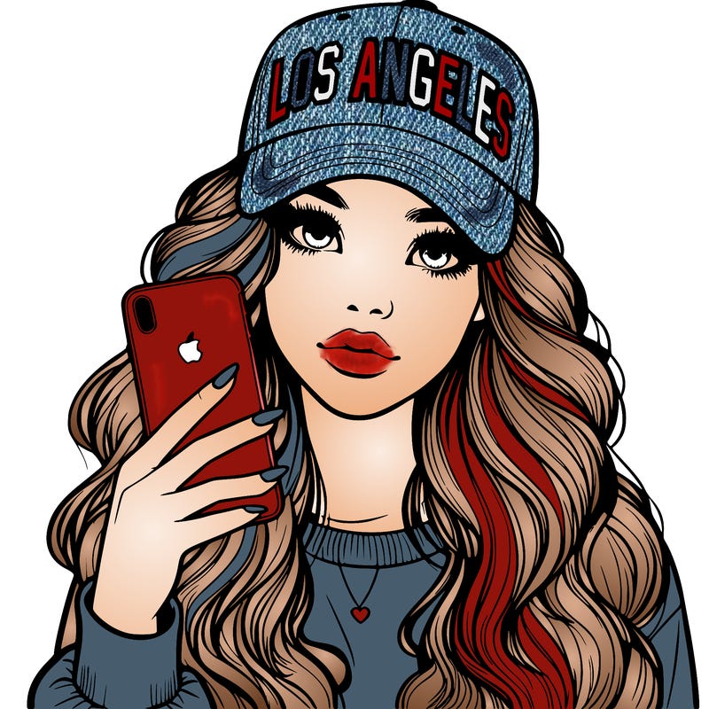 realistic beautiful girl wearing los ángeles cap holding an iphone