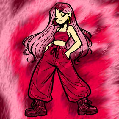 girl in baggy pants crop top and long hair