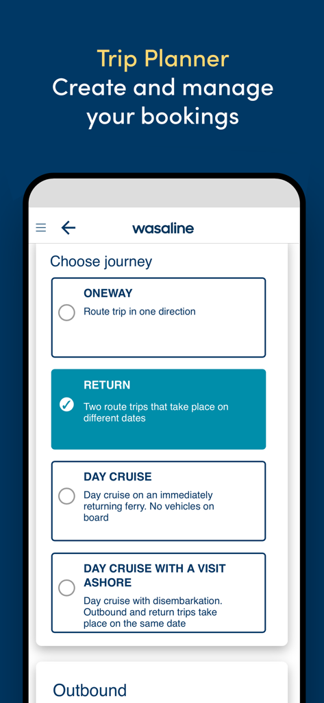 Wasaline mobile app trip planner screen showing booking options for ferry journeys including return and day cruises.