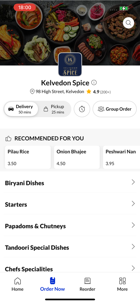 Kelvedon Spice - Kelvedon Spice food ordering app menu interface with recommended dishes