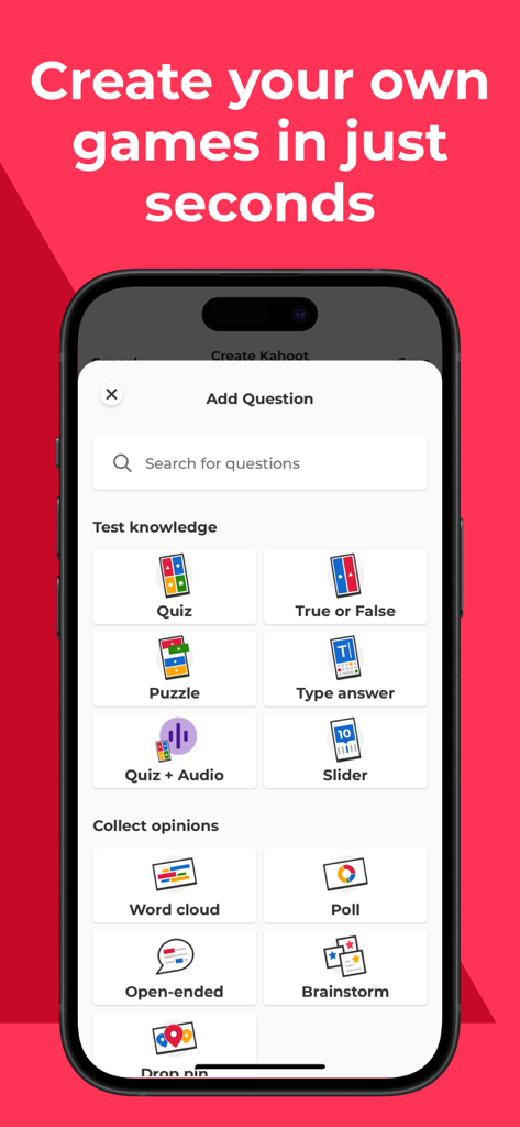 Interface of the Kahoot app showing various interactive question types like Quiz True or False and Word Cloud for game creation