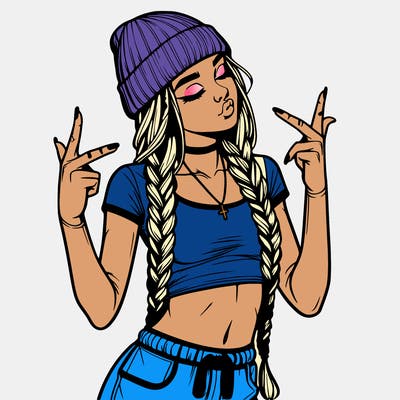 realistic teenage girl with braids and a beanie and crop top doing 🫶🏼
