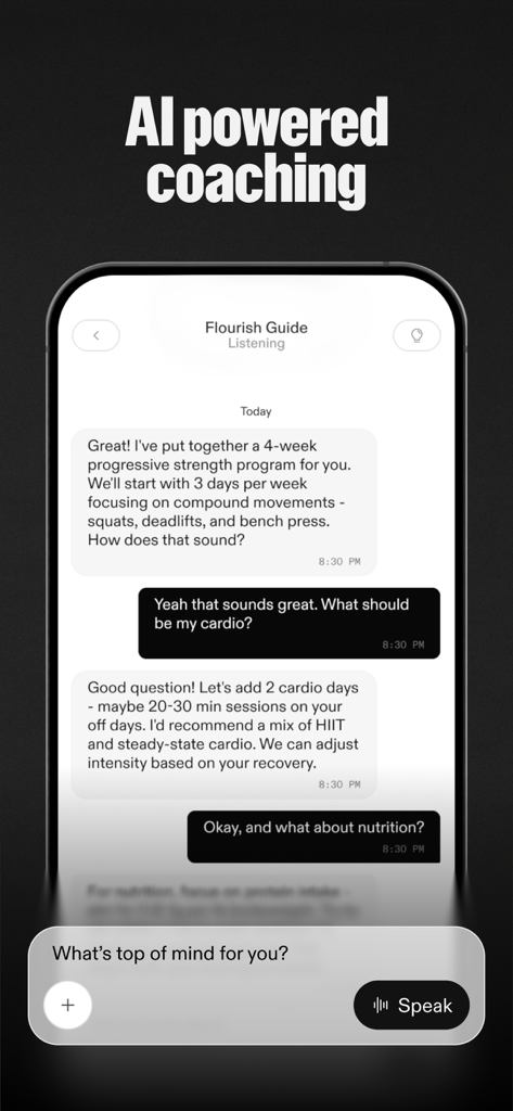 Flourish: Health & Fitness AI - Smartphone screen showing a conversational AI health coach providing a personalized fitness plan through text messages