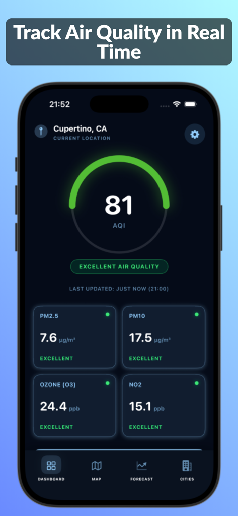 Air Quality Tracker: PureAir - Real-time air quality index dashboard with PM2.5 and Ozone levels