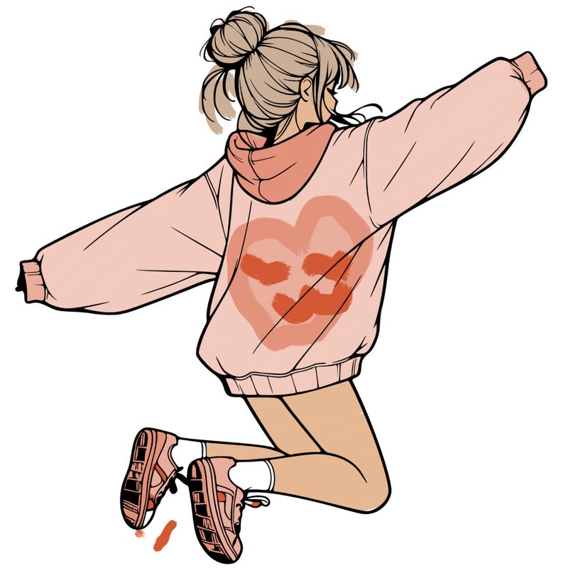realistic girl jumping with a bun and oversized sweatshirt