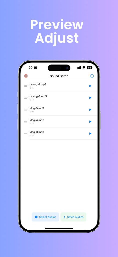 Interface of the Sound Stitch app showing a list of audio files like vlog-1 and vlog-2 ready to be merged and stitched together