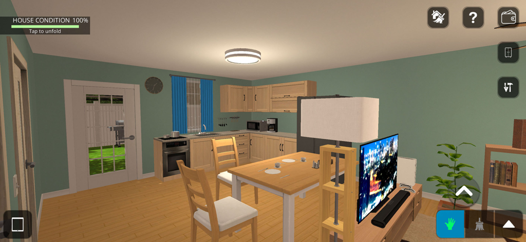 Vue intérieure d'une cuisine et d'une salle à manger rénovées dans l'application House Designer Fix and Flip