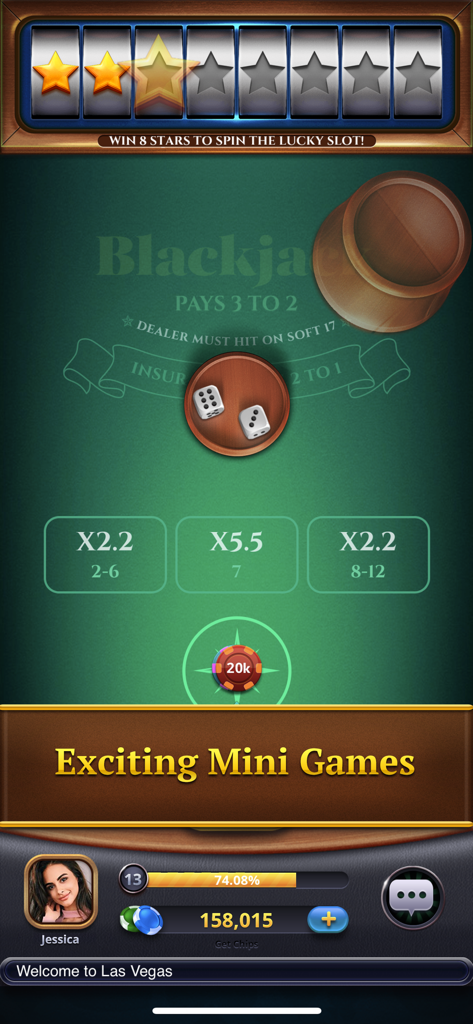 Gameplay screen of a dice mini-game within the Blackjack app featuring a casino table and betting chips.