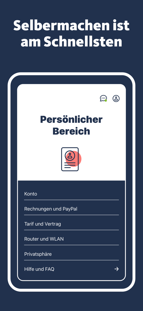 Personal account dashboard in the freenet Internet app showing billing and contract options.