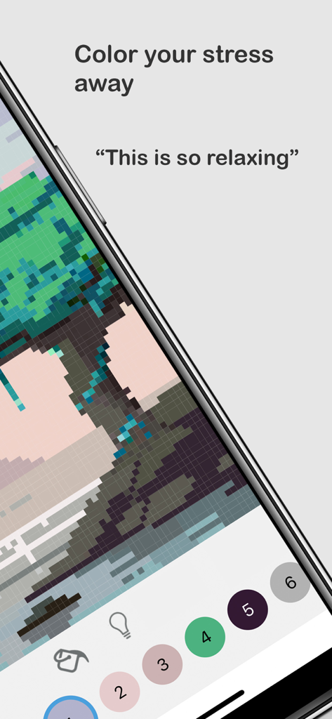Pixel art coloring interface with numbered palette and relaxation quotes