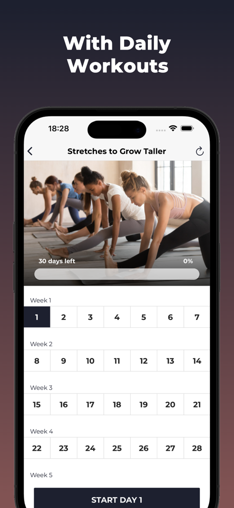 Increase Height Workout - 身長を伸ばすワークアウトアプリのインターフェイス、30日間のストレッチスケジュールを表示