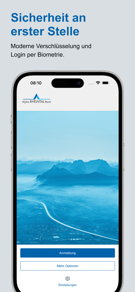 Alpha RHEINTAL Bank E-Banking - Alpha RHEINTAL Bank E-Banking app login screen with security information