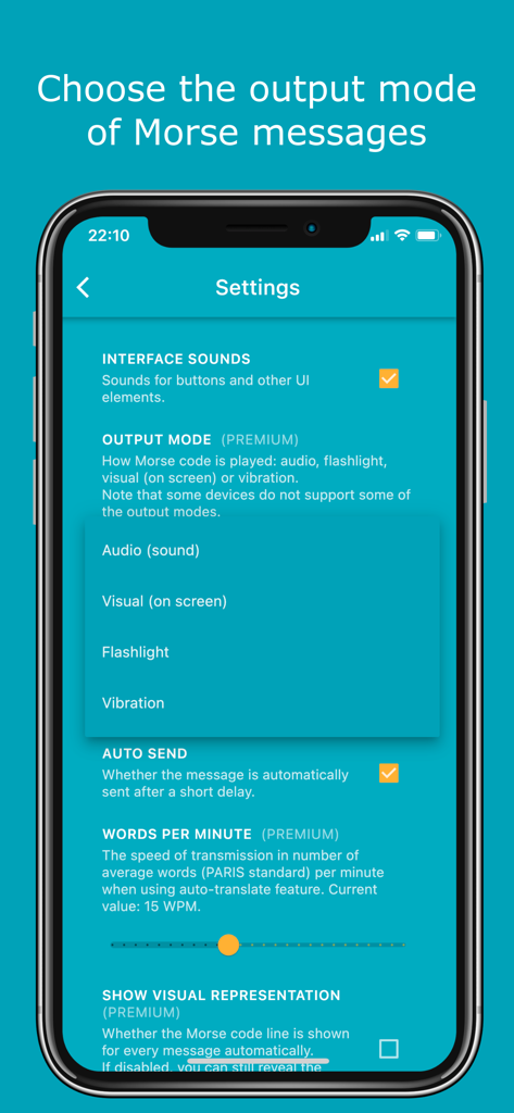 Morse Chat: Chat in Morse Code - Morse Chat settings screen displaying output mode options for audio flashlight and vibration
