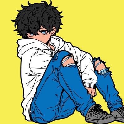 a male hoddie ripped jeans messy hair anime